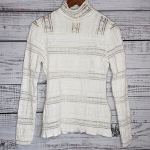 cinq a sept White Lace Trim Turtleneck Top